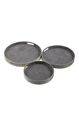Okrúhle servírovacie taniere zo sivej hovädzej kože (sada 3 ks)