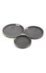 Plateaux de service ronds en peau de vache gris (ensemble de 3)