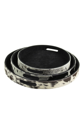 Runde schwarz-weiße Servierplatten aus Rindsleder (3er-Set)