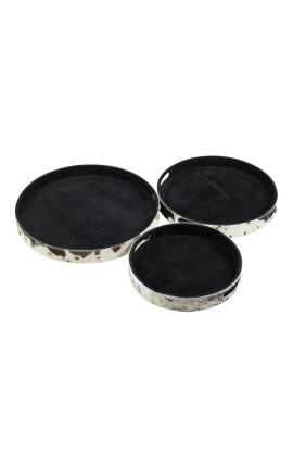 Okrugli crno-bijeli tanjuri za posluživanje od kravlje kože (Set od 3)