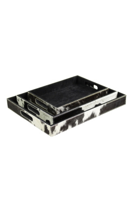 Rechteckige Servierplatten aus schwarzem und weißem Rindsleder (3er-Set)