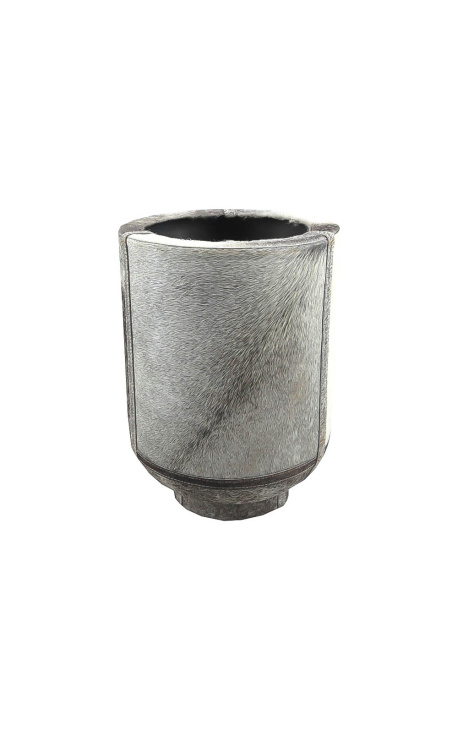 Cylindrical planter in gray cowhide 35 cm