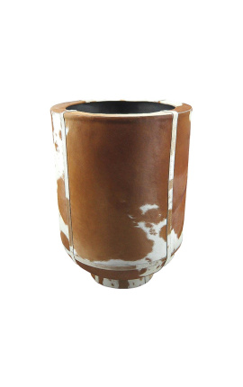 Cylindrical planter in brown and white cowhide 35 cm
