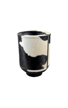 Jardinière cylindrique en peau de vache noir et blanc 35 cm