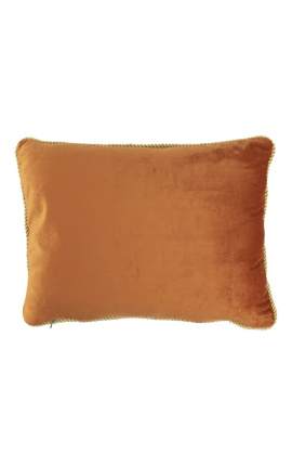 Rectangular cushion in orange color velvet with golden twirled trim 35 x 45