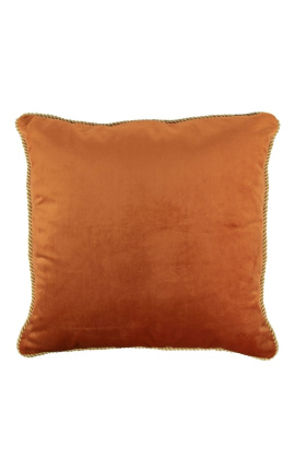 Quadratisches Kissen aus orangefarbenem Samt mit goldenem Wirbelbesatz, 45 x 45
