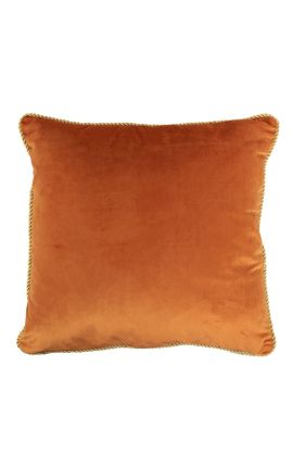 Square cushion in orange color velvet with golden twirled trim 45 x 45