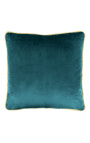 Coussin carré en velours bleu pétrole avec galon torsadé doré 45 x 45