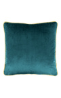 Fyrkantig kudde i blå petrolfärgad sammet med gyllene snurrkant 45 x 45
