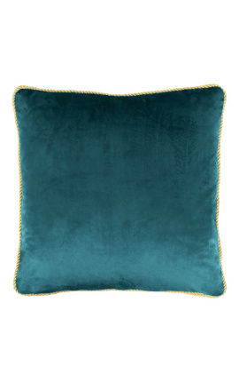 Kwadratowa poduszka z aksamitu w kolorze niebieskim petrol ze złotą kręconą lamówką 45 x 45