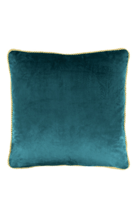 Coussin carré en velours bleu pétrole avec galon torsadé doré 45 x 45