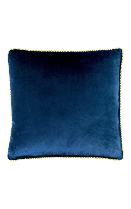 Quadratisches Kissen aus marineblauem Samt mit goldenem Wirbelbesatz, 45 x 45