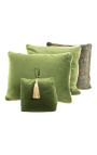 Square cushion in green color velvet with golden twirled trim 45 x 45