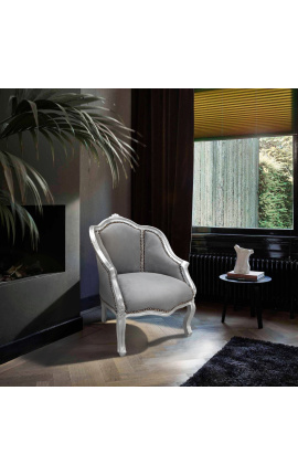 Bergere-Sessel im Louis XV-Stil aus grauem Samt und silbernem Holz