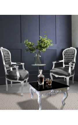 Baroque armchair of style Louis XV black leatherette and silver wood