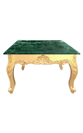 Tavolino quadrato in stile barocco con legno dorato e marmo verde 