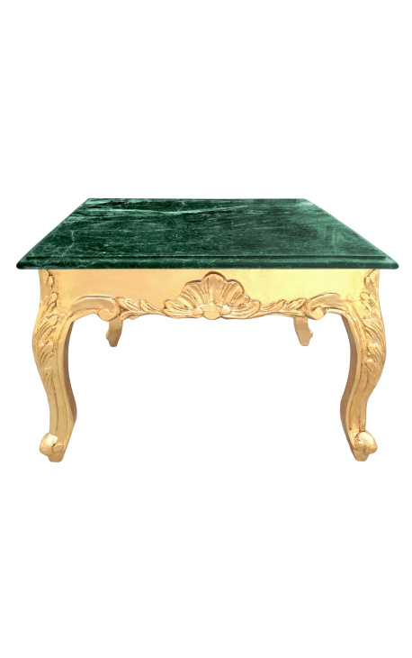 Mesa de centro quadrada de estilo barroco com madeira dourada e mármore verde 