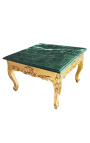 Firkantet sofabord barok med forgyldt træ og grøn marmor
