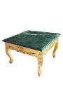 Square coffee table baroque with gilded wood and green marble