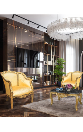 Duży fotel bergere w stylu Ludwika XV ze złotą satynową tkaniną i złotym drewnem
