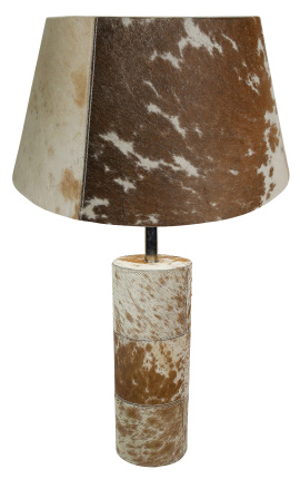 Pied de lampe rond en peau de vache marron et blanc