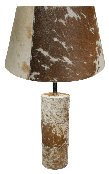 Pied de lampe rond en peau de vache marron et blanc