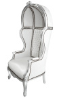 Grand fauteuil carrosse de style Baroque tissu simili cuir blanc et bois argent