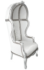 Cadira d'autocar gran d'estil barroc en imitació de pell blanca i fusta platejada
