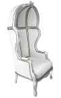 Grand fauteuil carrosse de style Baroque tissu simili cuir blanc et bois argent