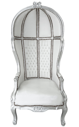 Grand fauteuil carrosse de style Baroque tissu simili cuir blanc et bois argent