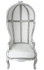 Grand fauteuil carrosse de style Baroque tissu simili cuir blanc et bois argent