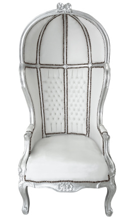 Grand porter's Baroque style chair white false skin leather and wood silver