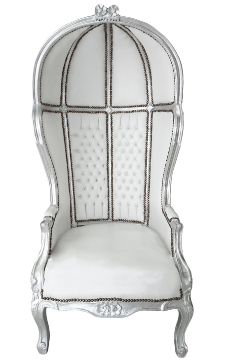 Grand porters stol i barockstil vitt konstläder och träsilver
