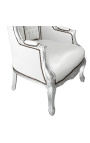 Grand porters stol i barokkstil hvitt skinn i skinn og tresølv