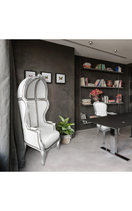 Καρέκλα Grand Porter&#039;s στυλ μπαρόκ λευκό δέρμα από ψεύτικο δέρμα και ξύλο ασημί