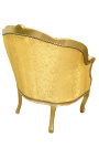 Gran sillón de bergere estilo Luis XV con tela de satén de oro y madera de oro