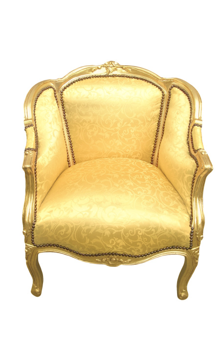 Stor bergere armstole Louis XV stil med gull satin tyg og gull tre