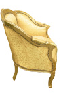 Gran sillón de bergere estilo Luis XV con tela de satén de oro y madera de oro