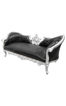 Sofa w stylu barokowym Napoleon III, medalion, czarna ekoskóra i srebrne drewno