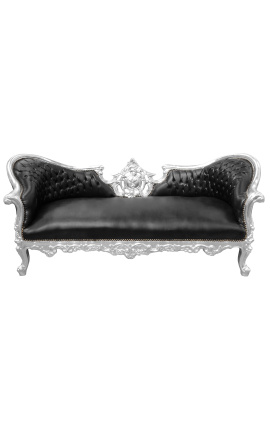 Barok Napoleon III medaljon sofa sort kunstlæder og sølv træ