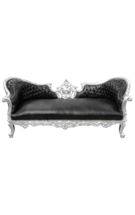 Sofa w stylu barokowym Napoleon III, medalion, czarna ekoskóra i srebrne drewno