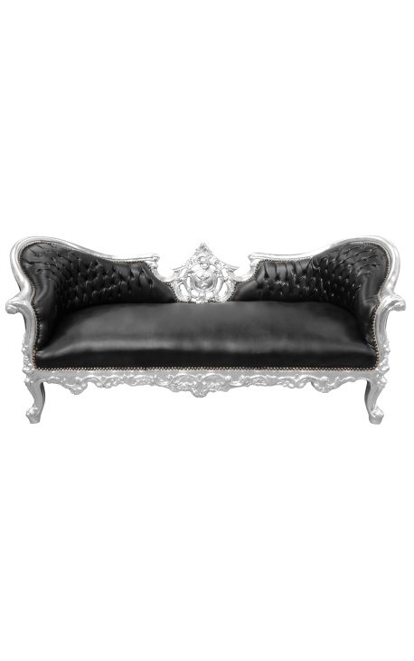 Barockes Napoleon-III-Medaillonsofa aus schwarzem Kunstleder und silbernem Holz