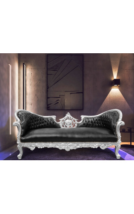 Sofa w stylu barokowym Napoleon III, medalion, czarna ekoskóra i srebrne drewno