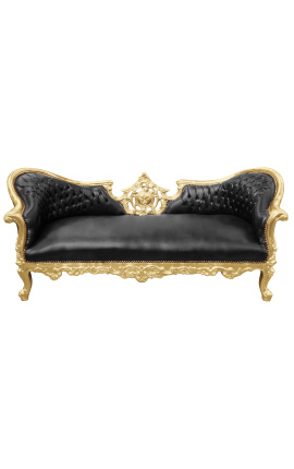 Barockes Medaillon-Sofa im Napoleon-III-Stil, schwarzes Kunstleder und goldenes Holz