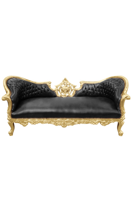 Barokk Napoleon III-stil medaljongsofa svart skinn og gulltre