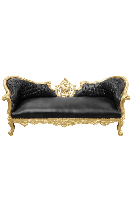 Canapé baroque Napoléon III médaillon simili cuir noir et bois doré