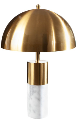 Lampada da tavolo "Burlys" in marmo bianco e metallo color oro, ispirazione Art-Deco
