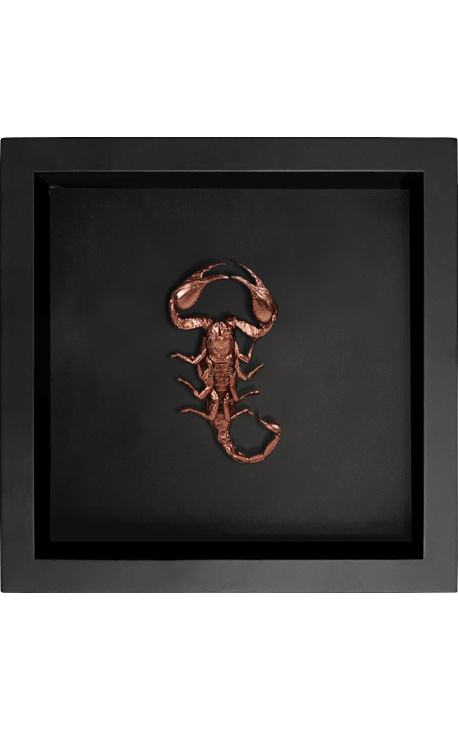 Marco decorativo sobre fondo negro con escorpión "Heterometrus spinifer" de color cobre