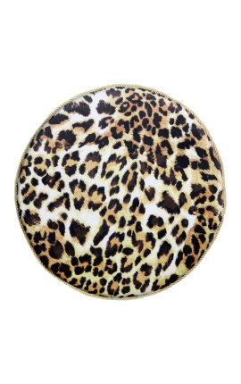 Runda kusjon i leopardfärgad samvet med gyllene snurrade trim 40 cm