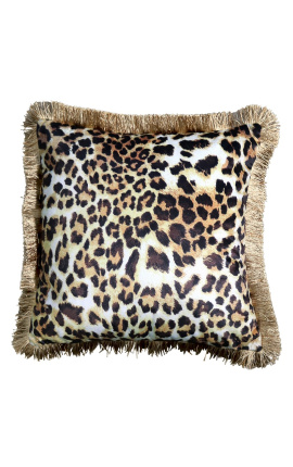 Square cushion in leopard-colored velvet with golden twisted trim 45 x 45